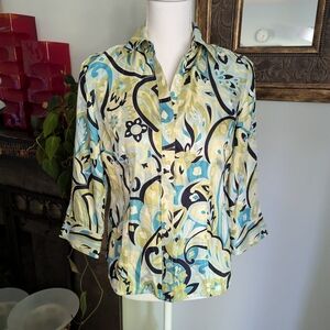 Y2K Ann Taylor Women's 2 Silk Lime Blue Psychodelic Groovy Abstract Blouse 116